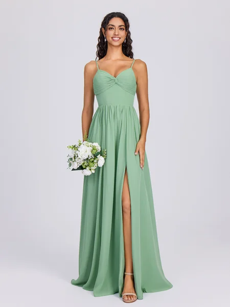 A-line V-neck Pleated Floor-Length Chiffon Bridesmaid Dress