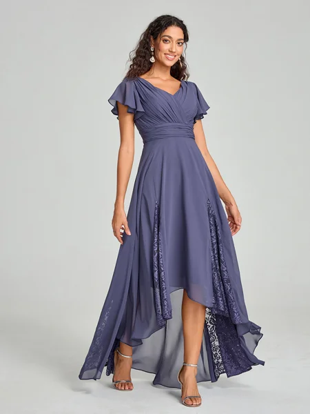 A-Line/Princess V-neck Asymmetrical Short Sleeves Chiffon Bridesmaid Dress