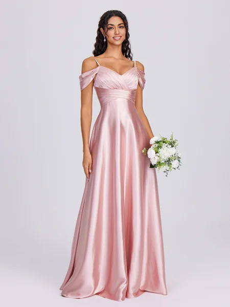 A-line Cold Shoulder Pleated Floor-Length Silk Like Satin Bridesmaid Dress