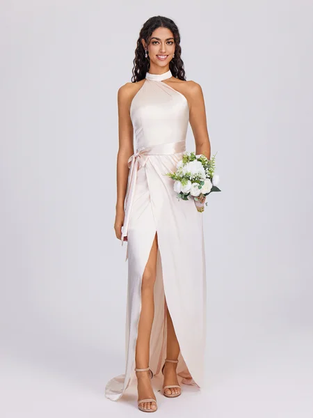 Sheath Halter Sash/Ribbon/Belt Sweep Train Silk Like Satin Bridesmaid Dress