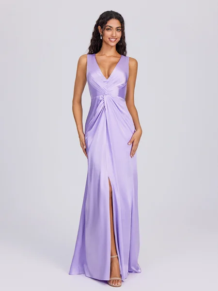 Sheath V-neck Pleated Floor-Length Silk Like Satin Bridesmaid Dress