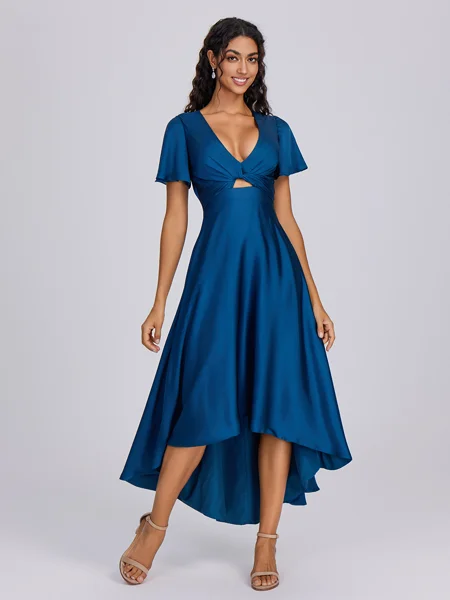 A-line V-neck Short Sleeves Pleated Asymmetrical Satin Chiffon Convertible Bridesmaid Dress