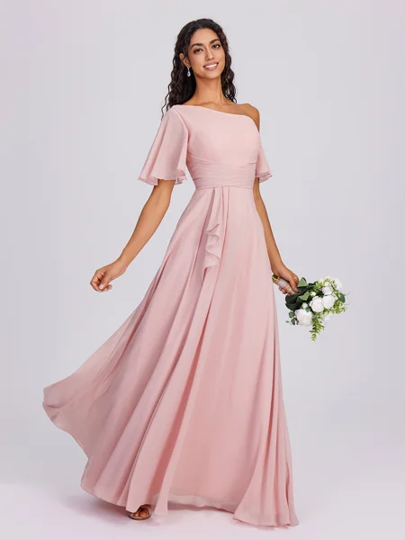 A-line Short Sleeves Ruffles Floor-Length Chiffon Bridesmaid Dress
