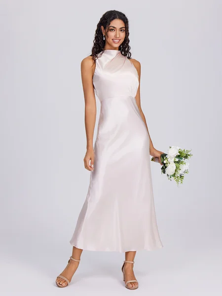 Sheath Halter Pleated Ankle-Length Silk Like Satin Bridesmaid Dress