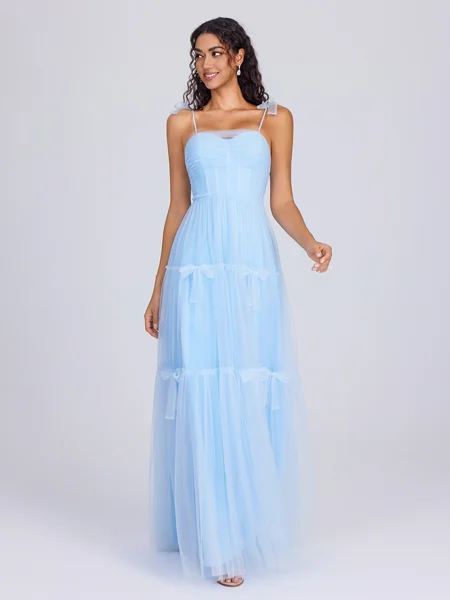 A-line Spaghetti Straps Bow Floor-Length Tulle Corset Bridesmaid Dress