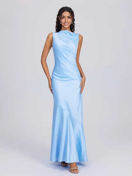 Sheath Scoop Pleated Floor-Length Charmeuse Bridesmaid Dress