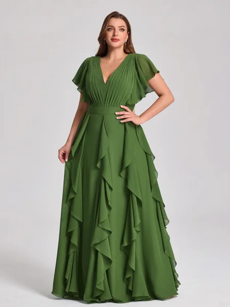 A-line V-neck Short Sleeves Ruffles Floor-Length Chiffon Corset Plus Size Bridesmaid Dress