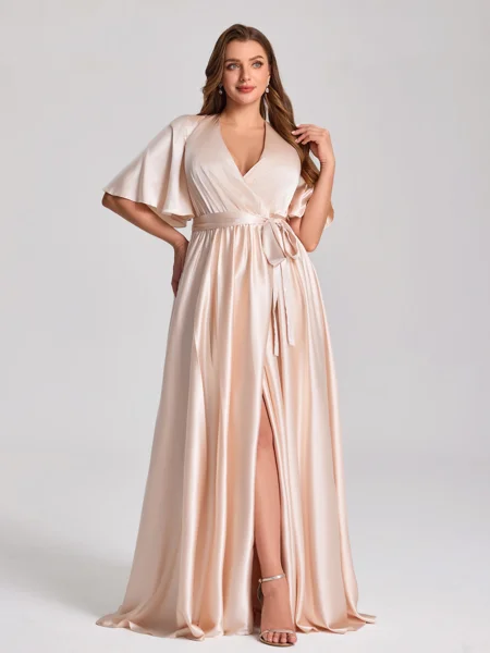 A-line V-neck Short Sleeves Sash/Ribbon/Belt Floor-Length Silk Like Satin Corset Plus Size Bridesmaid Dress