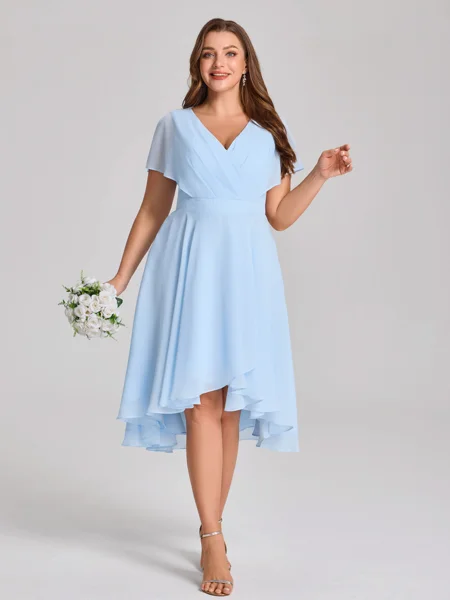 A-line V-neck Short Sleeves Pleated Asymmetrical Chiffon Corset Plus Size Bridesmaid Dress