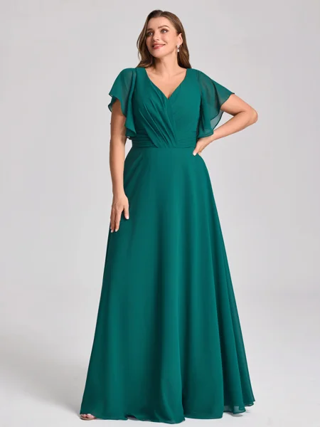 A-line V-neck Short Sleeves Pleated Floor-Length Chiffon Corset Plus Size Bridesmaid Dress