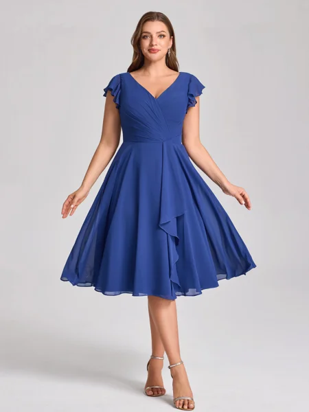 A-line V-neck Short Sleeves Pleated Knee-Length Chiffon Corset Plus Size Bridesmaid Dress