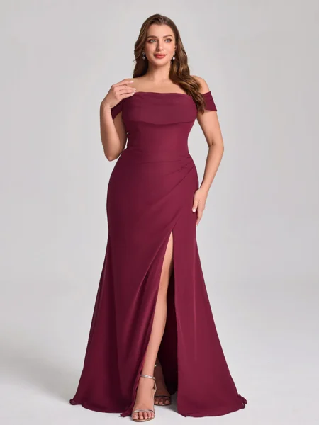 Sheath Off-the-Shoulder Pleated Floor-Length Chiffon Corset Plus Size Bridesmaid Dress