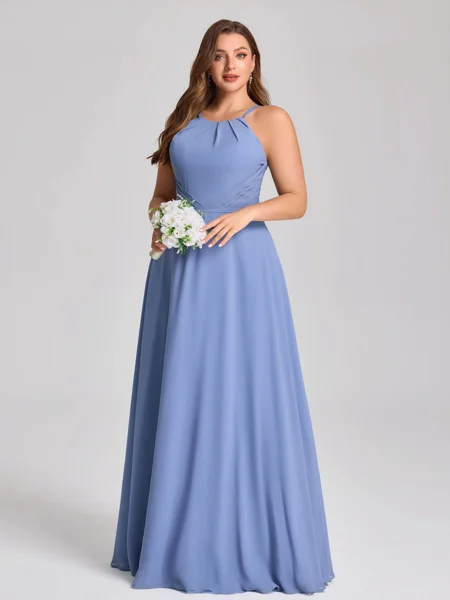 A-line Halter Pleated Floor-Length Chiffon Corset Plus Size Bridesmaid Dress