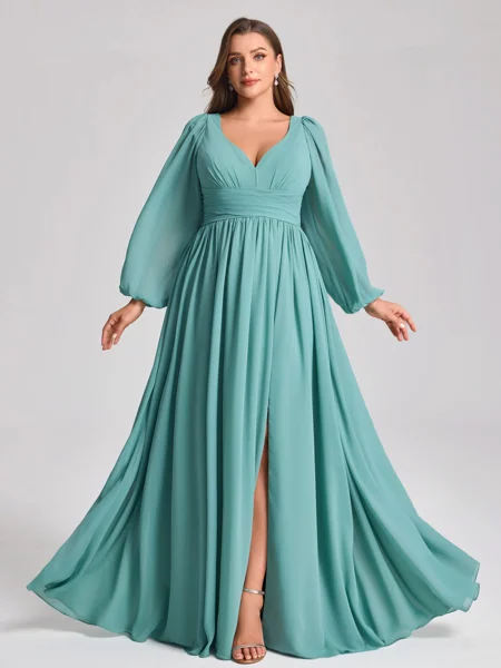 A-line V-neck Long Sleeves...