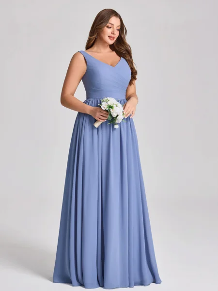 A-line V-neck Pleated Floor-Length Chiffon Plus Size Bridesmaid Dress