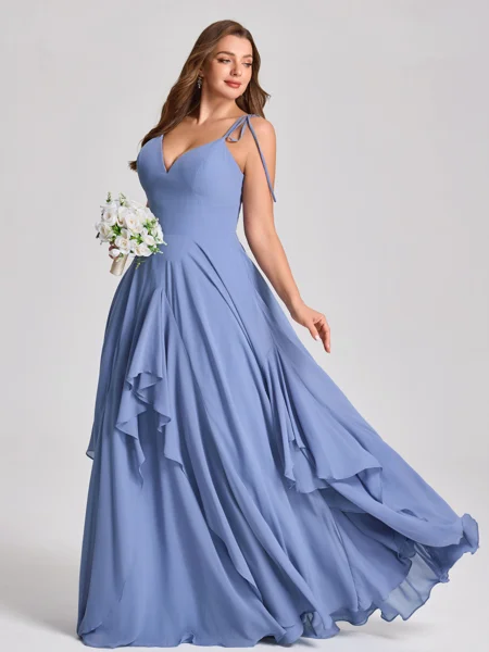 A-line V-neck Ruffles Floor-Length Chiffon Corset Plus Size Bridesmaid Dress