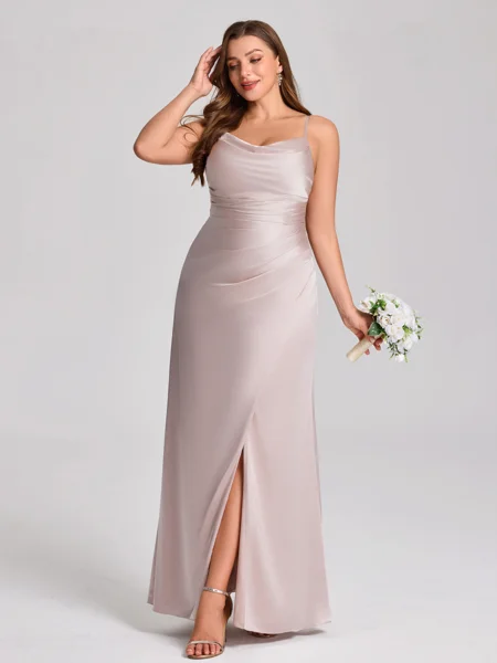 Sheath Spaghetti Straps Pleated Floor-Length Silk Like Satin Plus Size Bridesmaid Dress