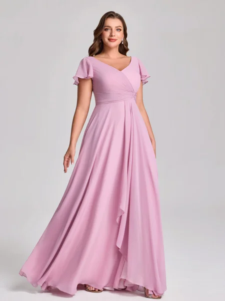 A-line V-neck Short Sleeves Ruffles Floor-Length Chiffon Plus Size Bridesmaid Dress