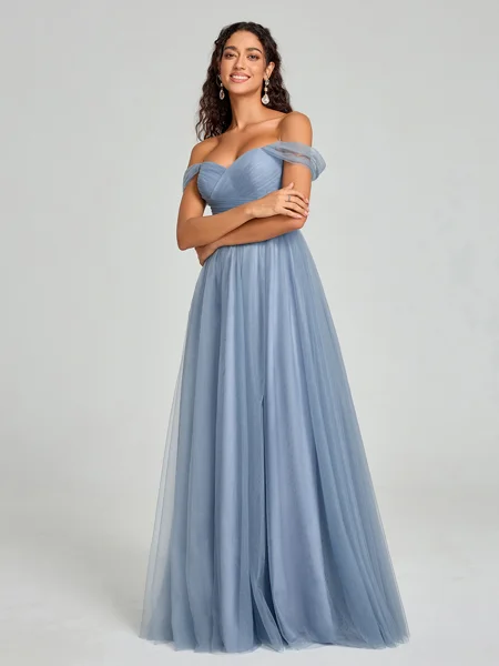 A-line/Princess Off-the-Shoulder Floor-Length Sleeveless Tulle Bridesmaid Dress