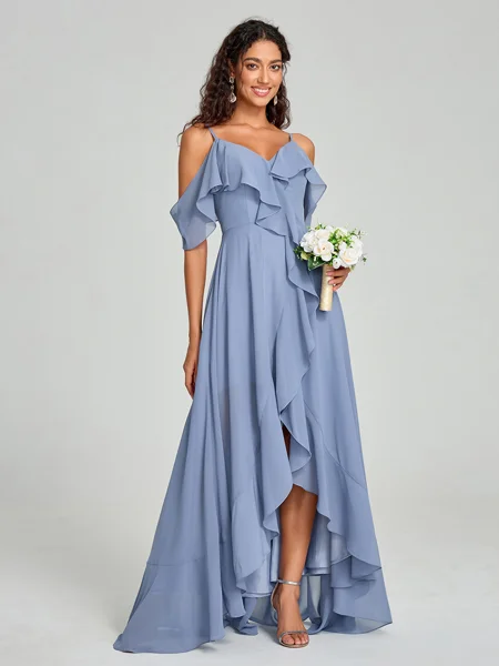 A-line/Princess Straps Asymmetrical Short Sleeves Chiffon Bridesmaid Dress