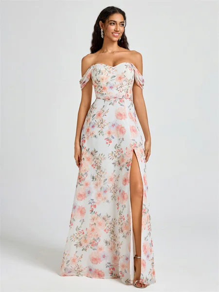 A-line Off-the-Shoulder Pleated Floor-Length Bridesmaid Dress