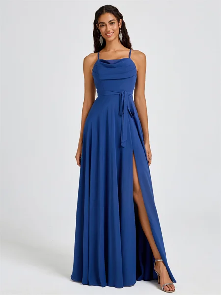 A-line Spaghetti Straps Sash/Ribbon/Belt Floor-Length Chiffon Bridesmaid Dress