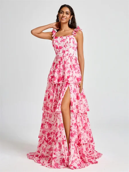 A-line Straps Cascading Ruffles Floor-Length Corset Bridesmaid Dress