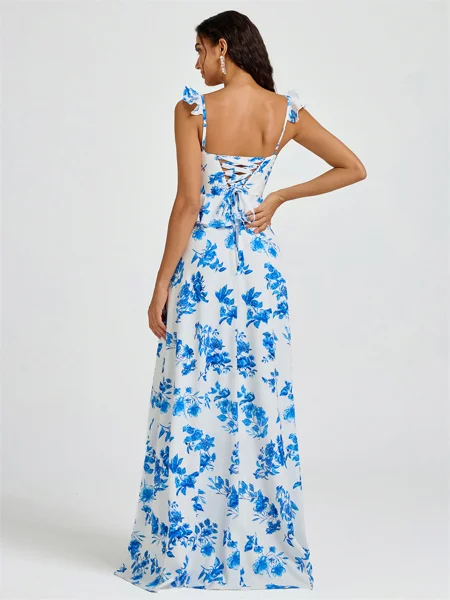 A-line Straps Ruffles...