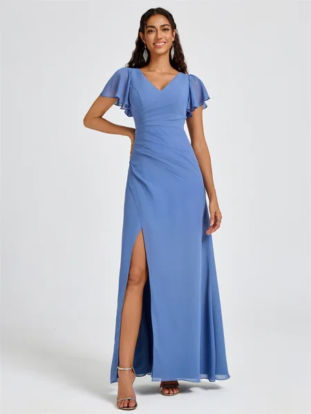 A-line V-neck Short Sleeves Pleated Floor-Length Chiffon Bridesmaid Dress