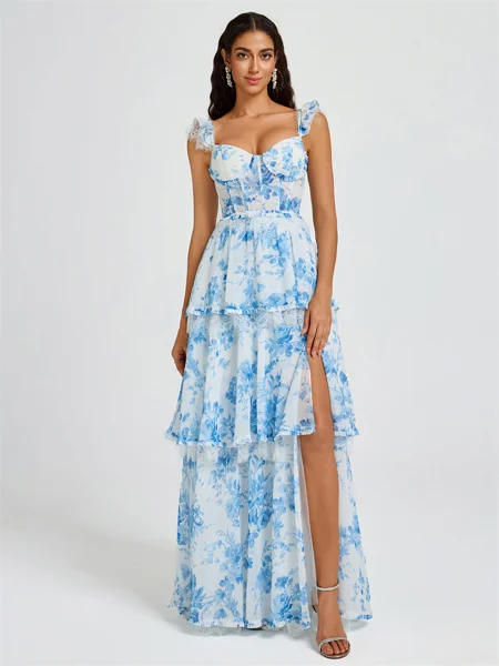 A-line Sweetheart Cascading Ruffles Floor-Length Corset Bridesmaid Dress