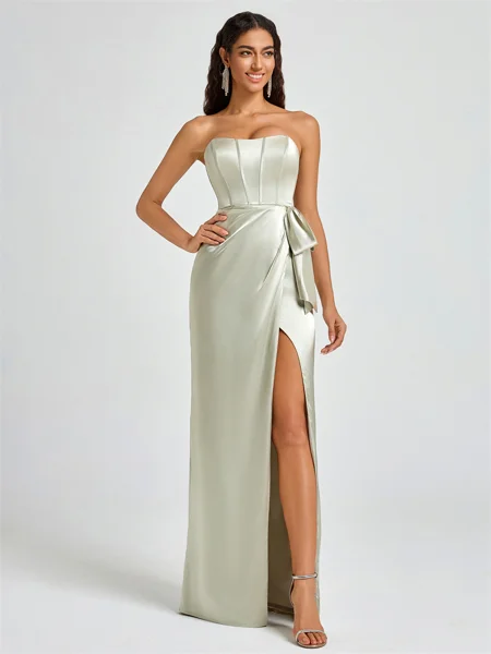 Sheath Strapless Bow Floor-Length Silk Like Satin Corset Bridesmaid Dress