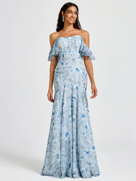 Sheath Off-the-Shoulder Short Sleeves Floor-Length Bridesmaid Dress