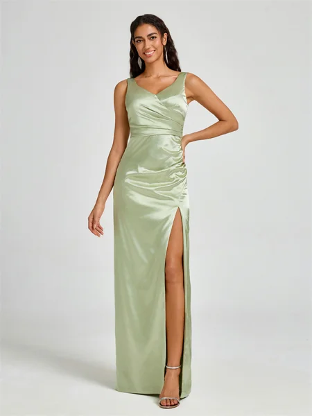 A-line/Princess Silk Like Satin V-neck Sleeveless Floor-Length Bridesmaid Dress