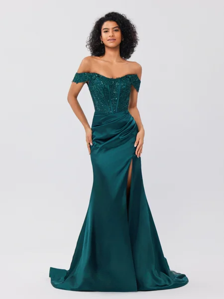 Sheath Off-the-Shoulder Appliques Lace Sweep Train Silk Like Satin Corset Dress