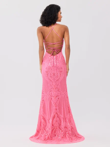 Sheath V-neck Sequin Sweep...