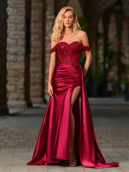 Sheath Off-the-Shoulder Appliques Lace Sweep Train Silk Like Satin Corset Dress
