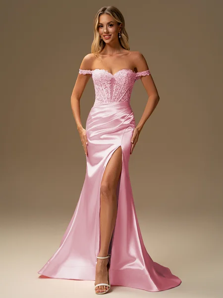 Sheath Off-the-Shoulder Appliques Lace Sweep Train Silk Like Satin Corset Dress