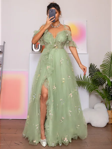 A-line Cold Shoulder Appliques Lace Floor-Length Lace Dress