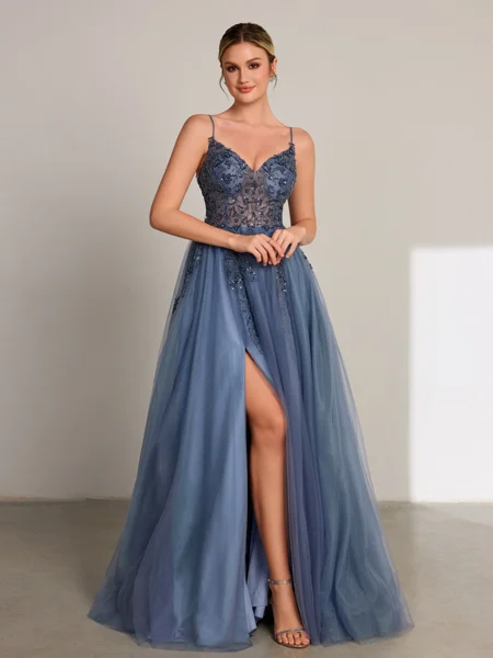 A-line V-neck Beading Sweep...