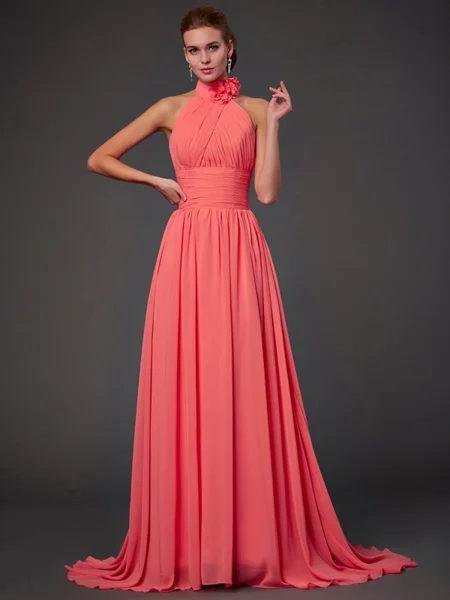 A-line/Princess Halter Sweep Train Chiffon Bridesmaid Dresses With Flower