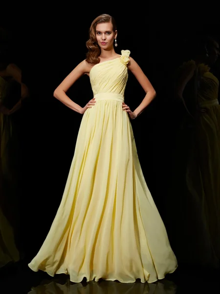 A-line/Princess One-Shoulder Floor-Length Chiffon Bridesmaid Dresses With Flower