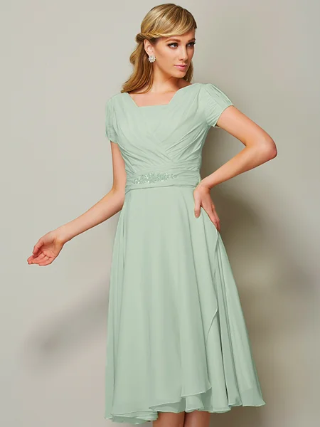 A-line/Princess Bateau Tea-Length Chiffon Bridesmaid Dresses With Ruffles
