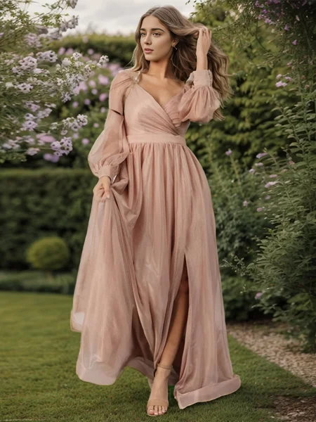 A-line V-neck Long Sleeves Pleated Floor-Length Bridesmaid Dress