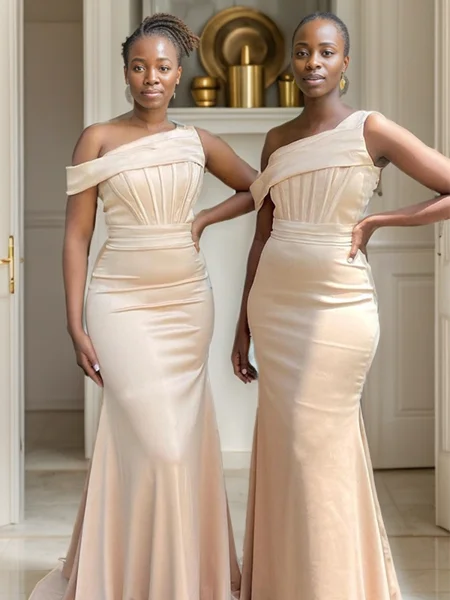 Sheath Pleated Sweep Train Silk Like Satin Corset Bridesmaid Dress