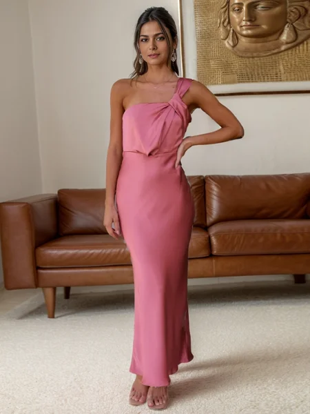 Sheath One-Shoulder Pleated Ankle-Length Silk Like Satin Bridesmaid Dress