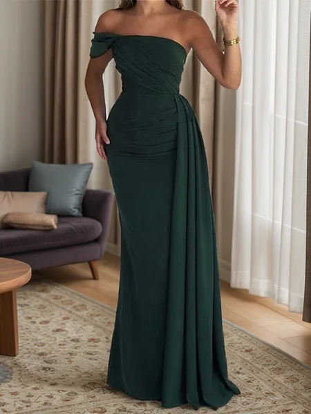 Sheath One-Shoulder Pleated Floor-Length Stretch Crepe Bridesmaid Dress