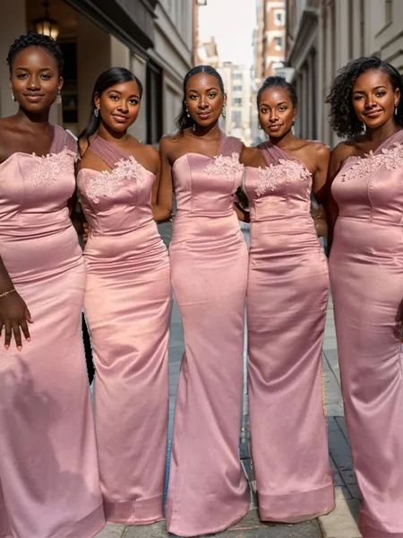 Sheath One-Shoulder Appliques Lace Floor-Length Silk Like Satin Bridesmaid Dress