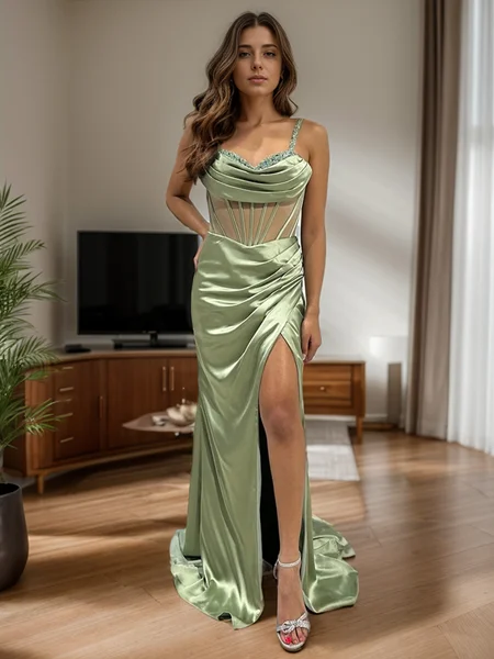 Sheath Straps Pleated Sweep Train Silk Like Satin Corset Bridesmaid Dress