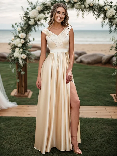 A-line/Princess V-neck Pleated Floor-Length Satin Bridesmaid Dress
