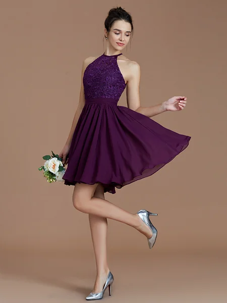 A-line/Princess Halter Short/Mini Chiffon Bridesmaid Dresses With Appliques Lace